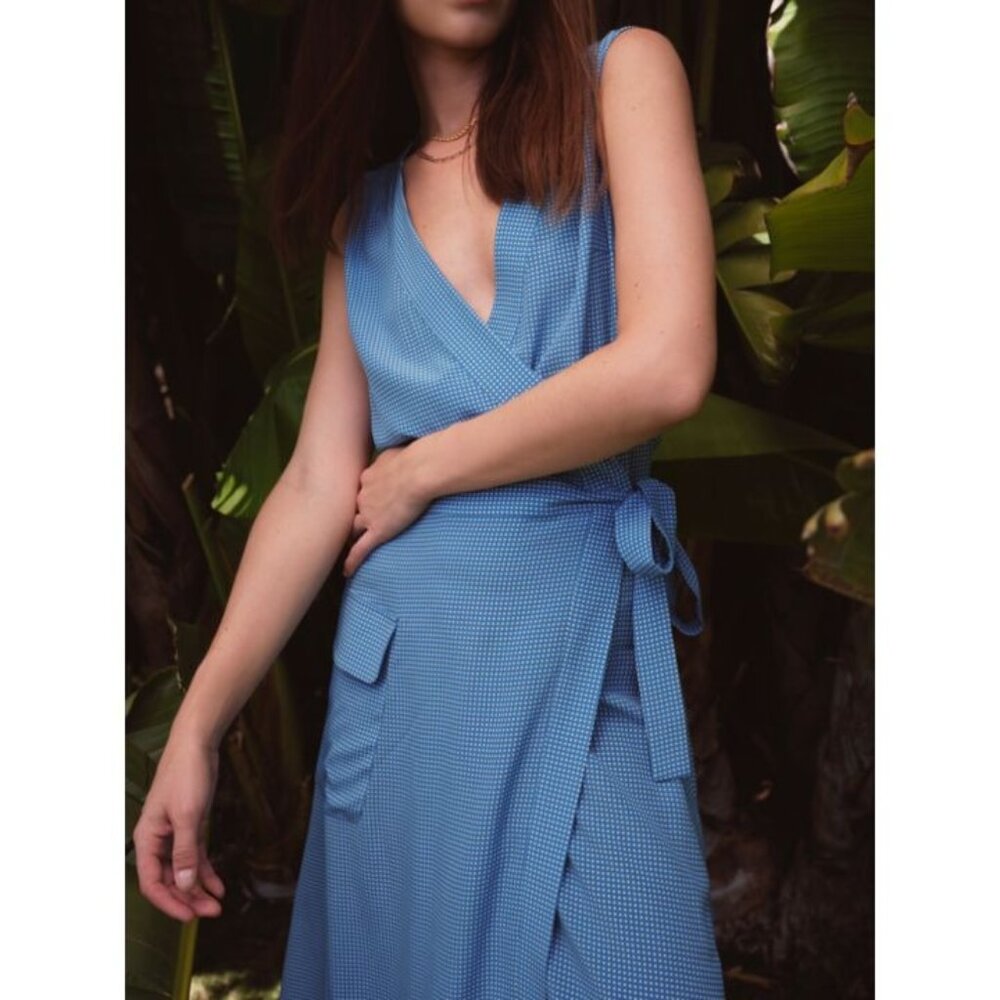 Equipment Femme Maovesa Silk Wrap Dress Size S Blue Check NWT